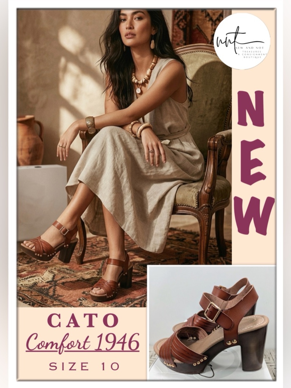 NEW Cato Comfort Clog Sandal Shoes Brown Size 10 Boho Style Strappy Heels